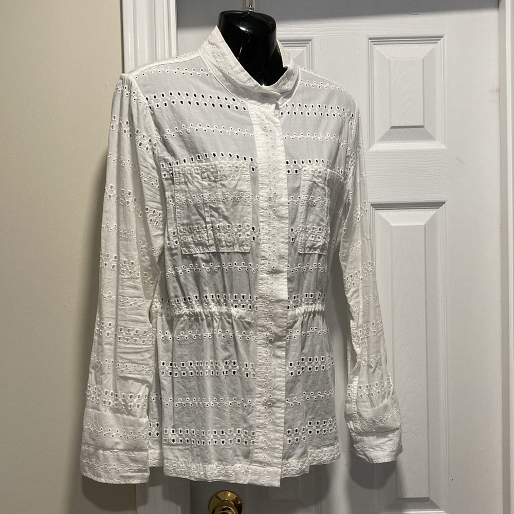 Maurices White Cotton Long Sleeve Eyelet Lace Safari Cargo Shirt Jacket - Sz L
